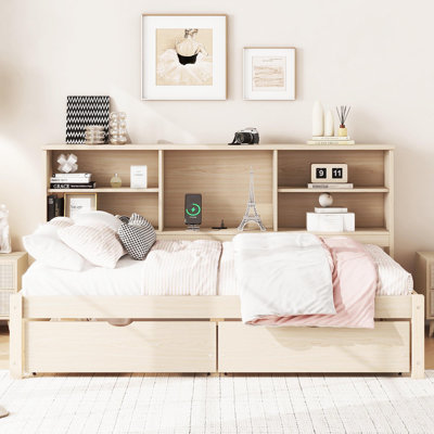 Twin Size Bed Frame With Side Bookshelves, Two Drawers, And Built-In USB Port For Natural Color