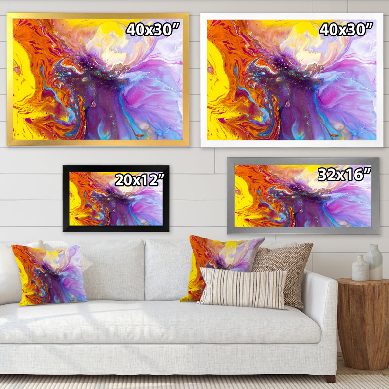Mauve, orange et rose liquide I - Peinture sur toile, H 12 po x l 20 po x P 1 po, Cadre noir