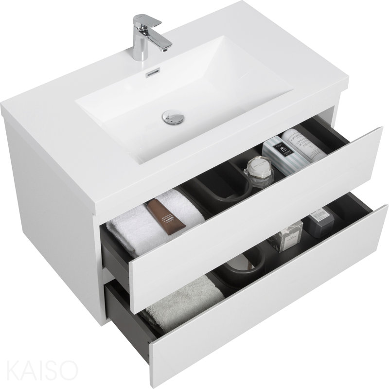 Meuble-lavabo mural 24 po avec lavabo, meuble-lavabo mural avec lavabo à surface solide et tiroirs à fermeture en douceur entièrement assemblés, gris cendré