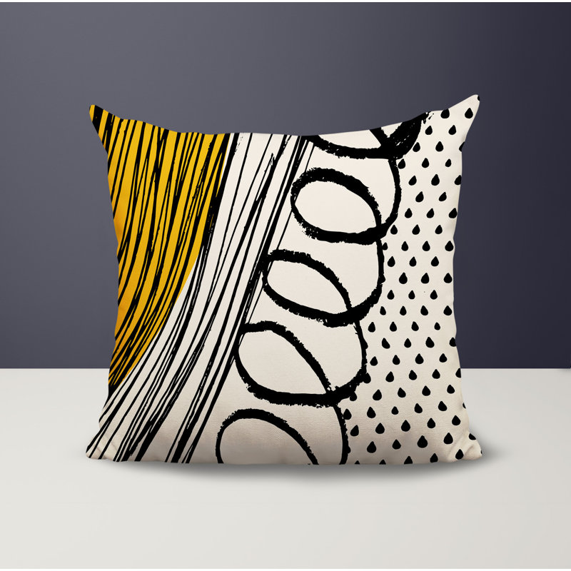 Oreiller carré réversible intérieur / extérieur Toba, H 15 po x l 15 po, Jaune / noir / blanc cassé abstrait