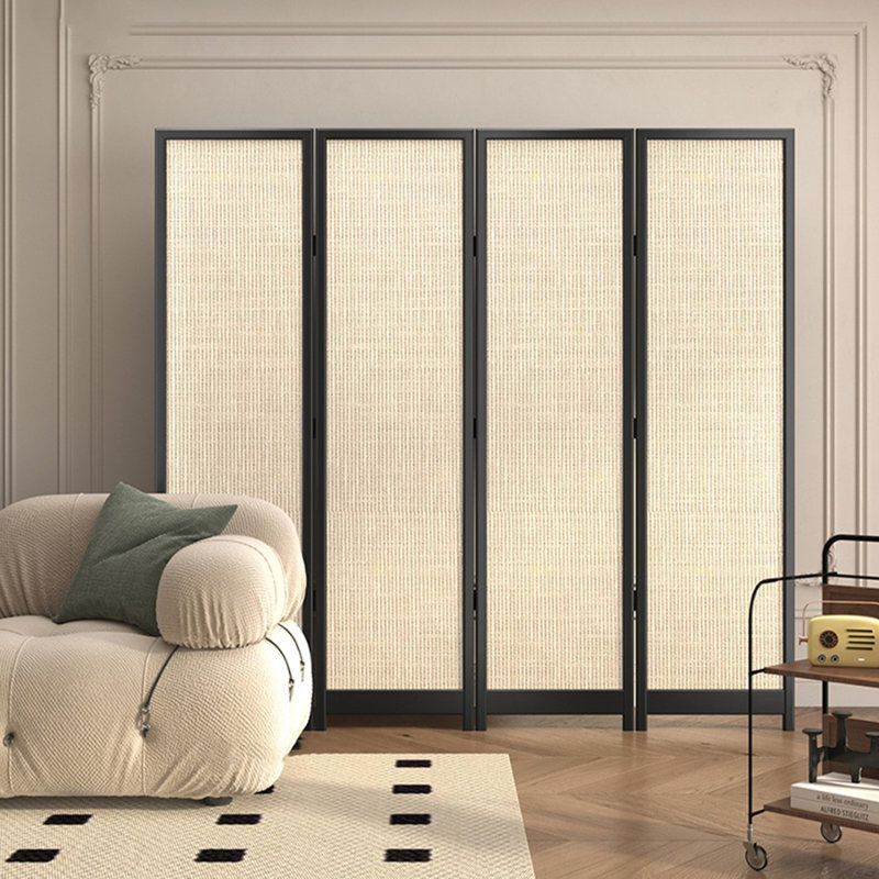 Cloison pliante 4 panneaux noir + bois massif blanc + coton
