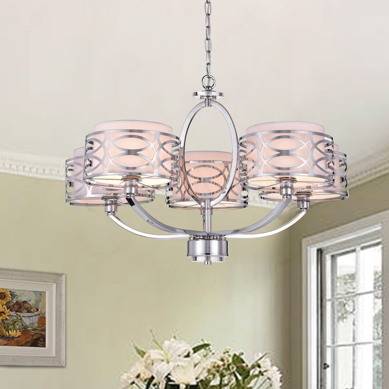 Chrysanthemum 5 - Light Fabric Dimmable Drum Chandelier, Chrome