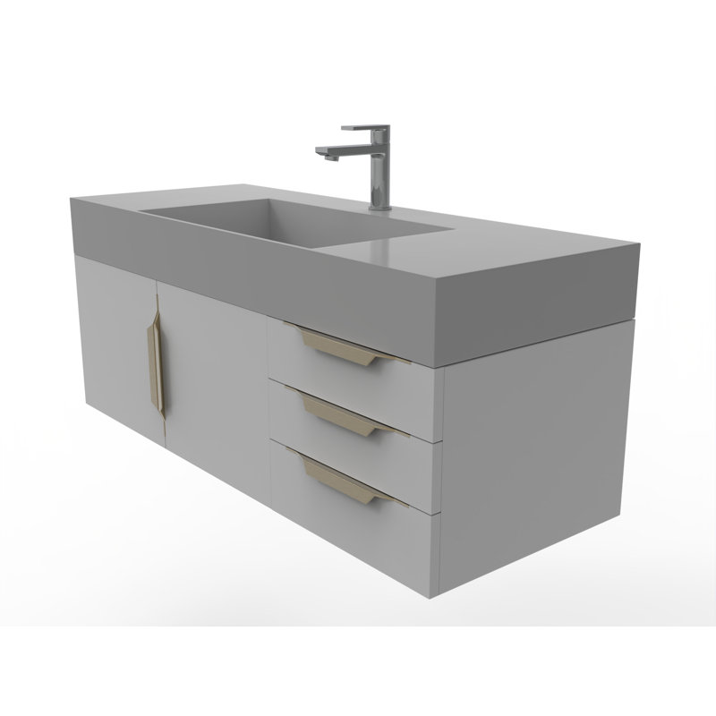Meuble-lavabo mural simple 48 po avec comptoir à surface solide - base grise, plateau gris, poignées dorées, gris, Gris, Doré