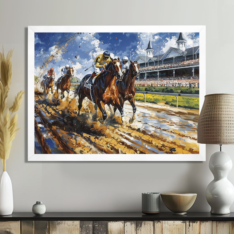 Marlyin - course de chevaux, art mural, H 24 po x l 32 po x P 1 po, Cadre simple blanc