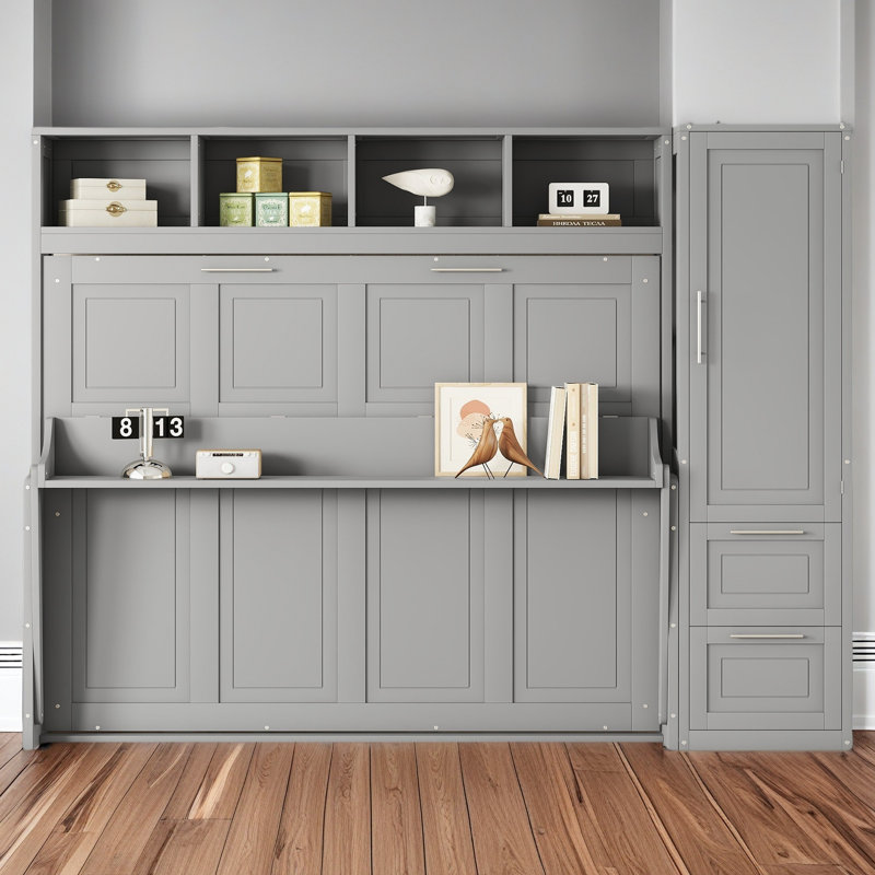 Grand lit escamotable mural avec placard et tiroirs, Gris