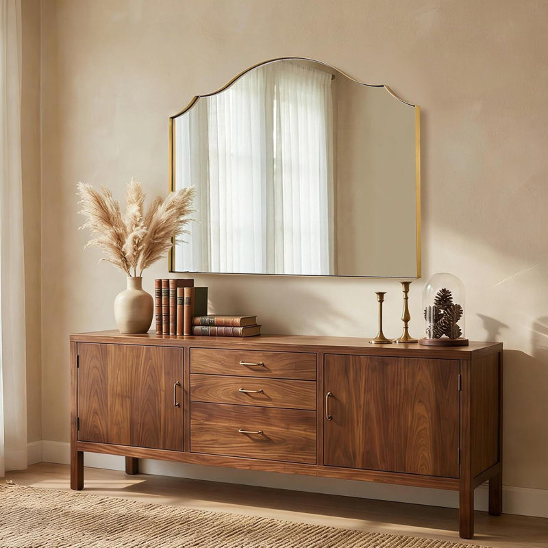 Scalloped Arch Bathroom Vanity Mirror with Curved Top | Stainless Steel Frame, 30" x 40", Brushed Gold