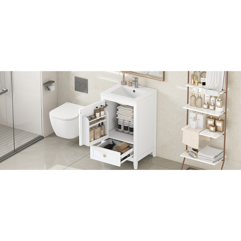 Meuble-lavabo blanc de 20 po avec lavabo, porte à fermeture douce, support de rangement, tiroir, tableau de haute qualité, finition peinte, forme rectangulaire, montage autoportant, installation de lavabo simple de 20 po en blanc
