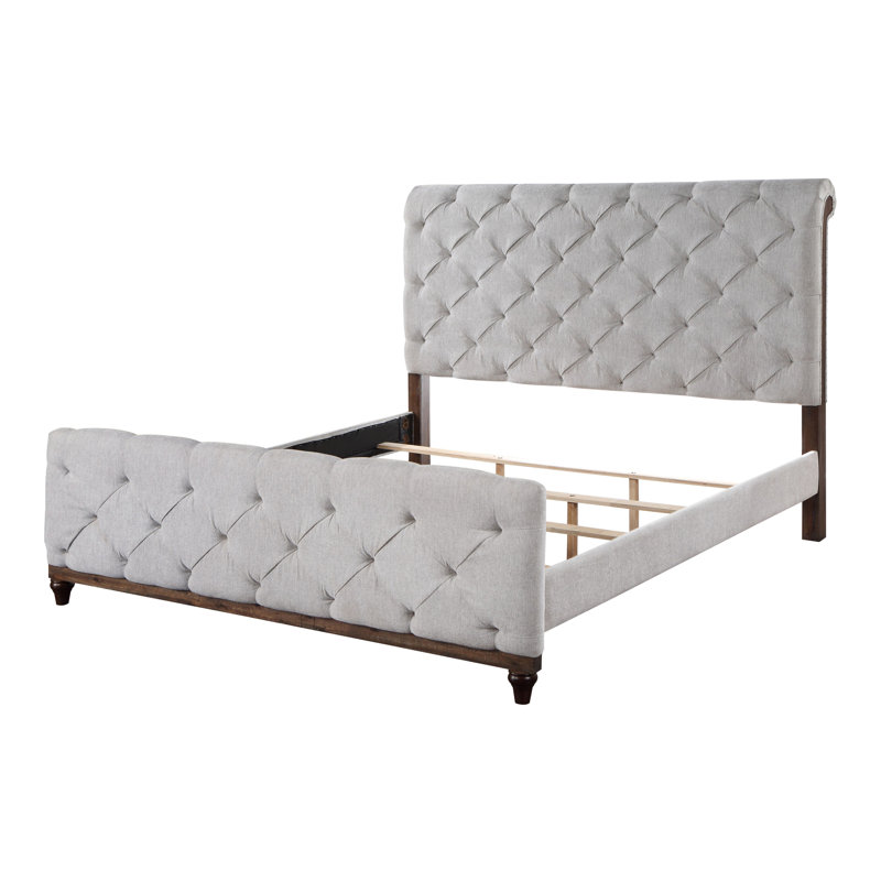 Gray Tufted Upholstered Queen Bed with Faux Leather and Wood Frame