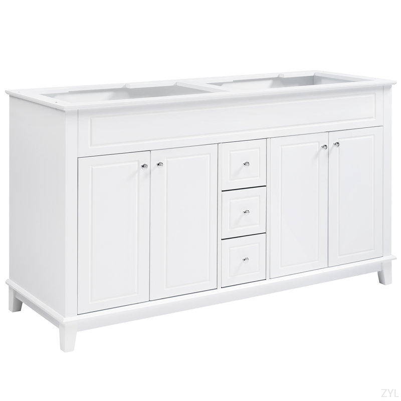Armoire de meuble-lavabo 58 po seulement, 3 tiroirs et 4 portes (2 avec tablettes à double couche), pieds en bois massif, fermeture en douceur, blanc