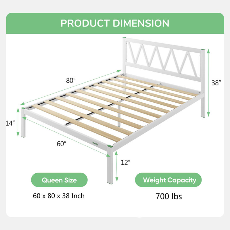 38" Metal Platform Bed Frame with Headboard, Queen, White