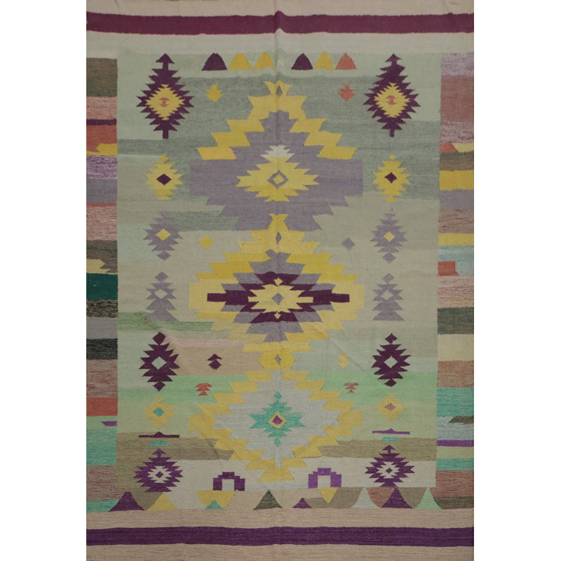 Tapis coloré Kilim 8 x 10 avec motifs géométriques accrocheurs