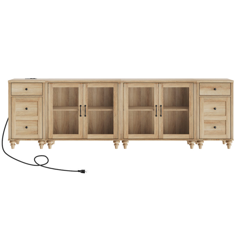 Buffet Scarlett avec 4 portes en verre et plusieurs tiroirs, Chêne