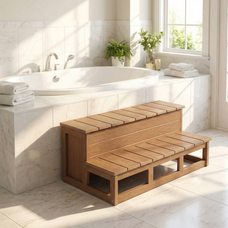 Marchepied robuste à 2 marches pour spa extérieur, avec grand compartiment de rangement, antidérapant et résistant aux intempéries, brun