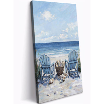 Vintage Coastal Ocean Canvas Wall Art for Living Room, Blue Beach Chairs Painting, Vertical Tall Beach Pictures for Bedroom Wall Decor, Ready to Hang Seaside View Canvas Prints 16×32 Inch