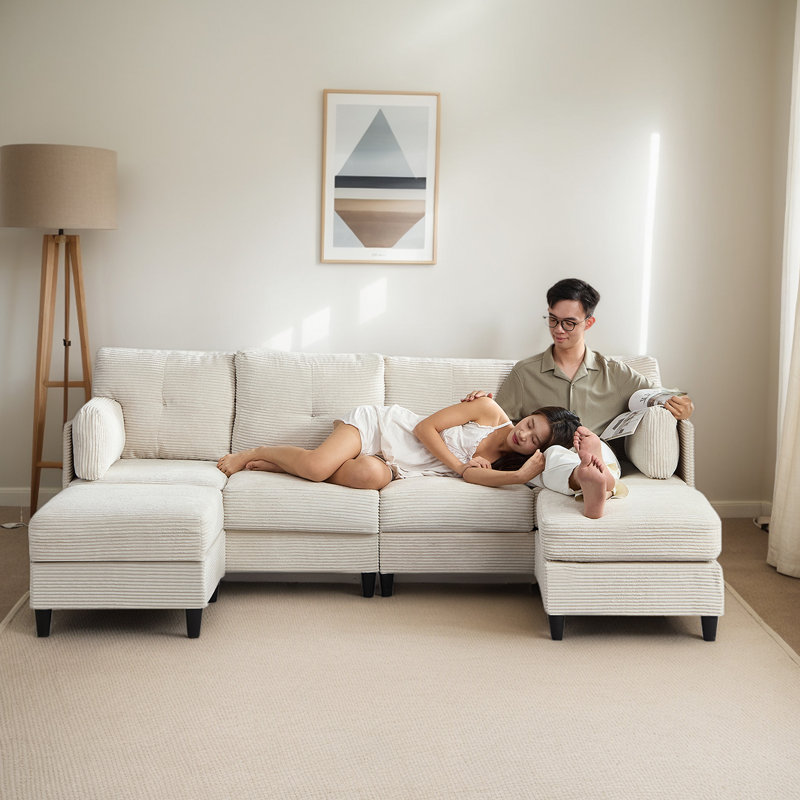88.6" U-Shape Corduroy Sectional – 2 Movable Ottomans, Cloud-Like Comfort, Beige