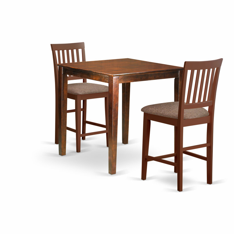Ensemble bistro 3 pièces à hauteur de comptoir pour petits espaces comprenant une table de salle à manger carrée et 2 chaises en tissu de lin, acajou