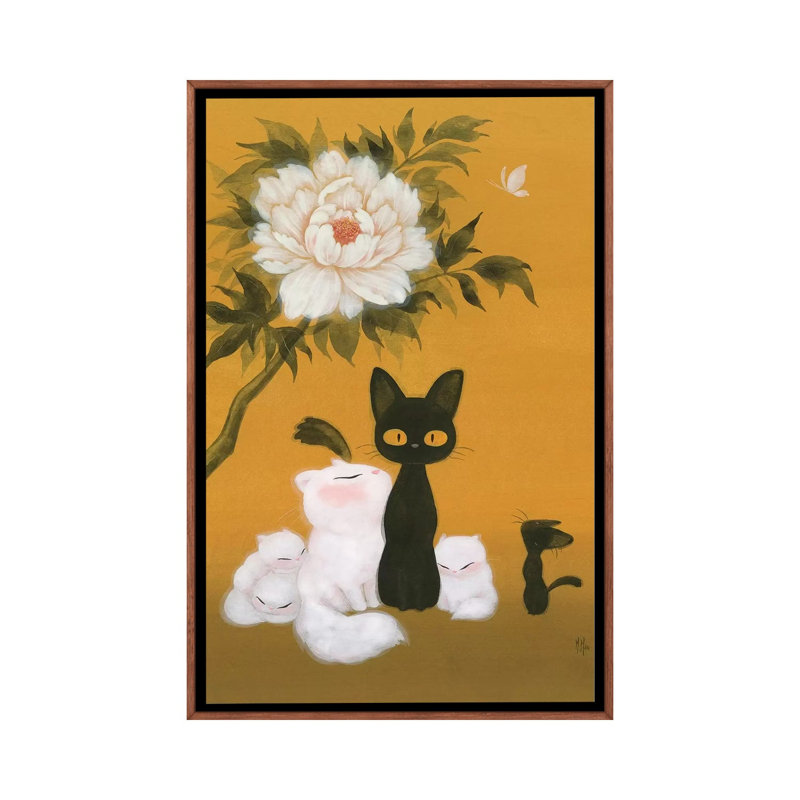 Cats And Peony by Martin Hsu - Painting on Canvas, 66.04 cm H x 45.72 cm W, Classic Brown Wood Framed