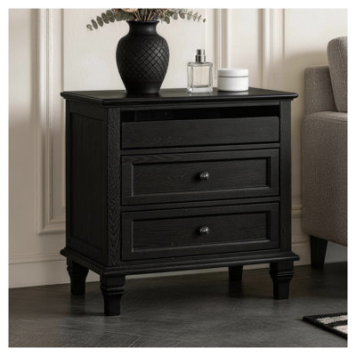 28" Wood Nightstand with Built-In Charging Station and AC Outlets, Farmhouse Bedside Table