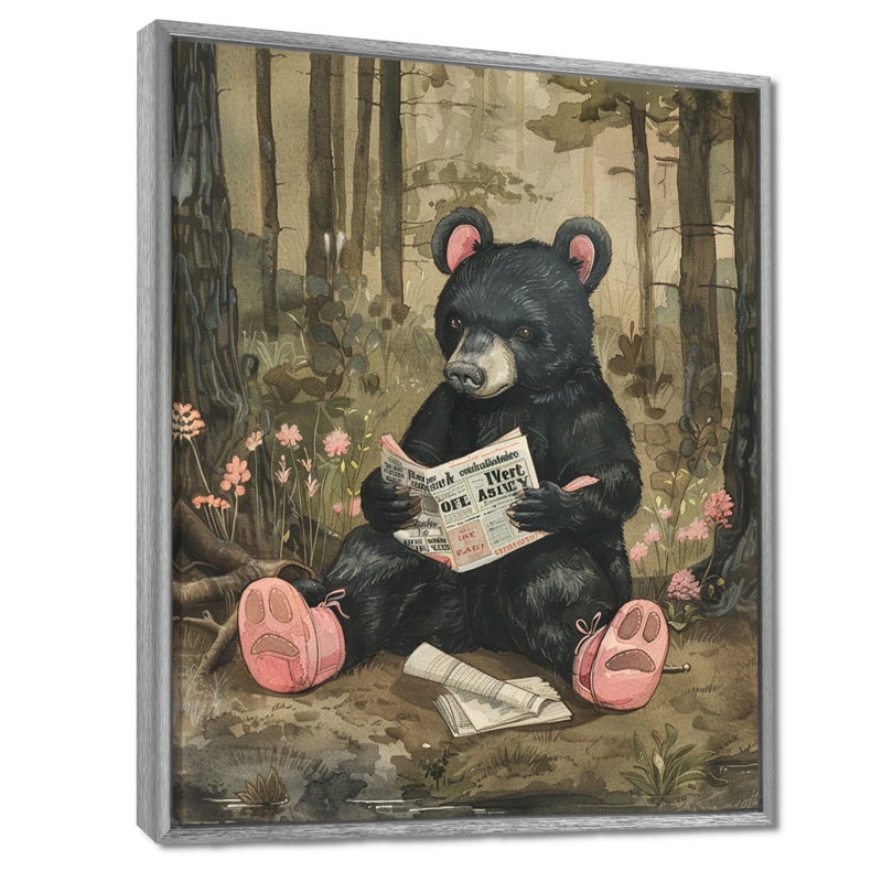 Ours en lisant un journal dans la forêt - ours, art mural, Toile avec cadre argenté, H 40 po x l 30 po x P 1,5 po