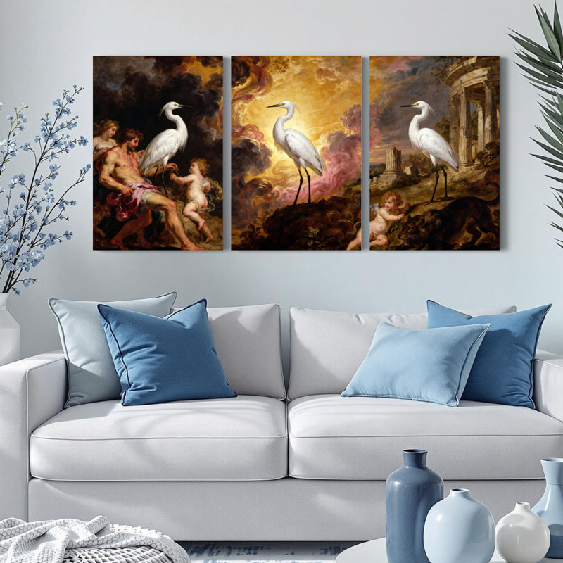 Ensemble de 3 tableaux sur toile tendue représentant une scène mythologique avec des hérons blancs et des personnages classiques