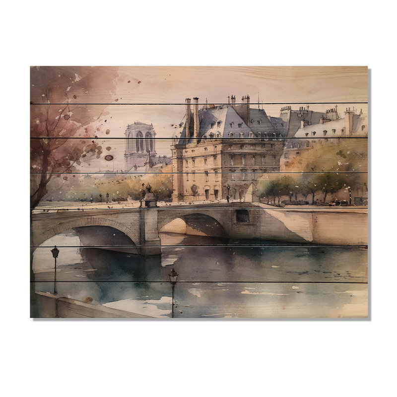 Aquarelle de Paris France IV sur bois, H 30 po x l 40 po x P 0,78 po
