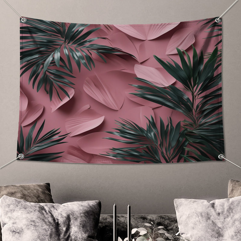 Tapisserie murale feuilles de palmier tropical rose, H 104 po x 88 avec 4 œillets