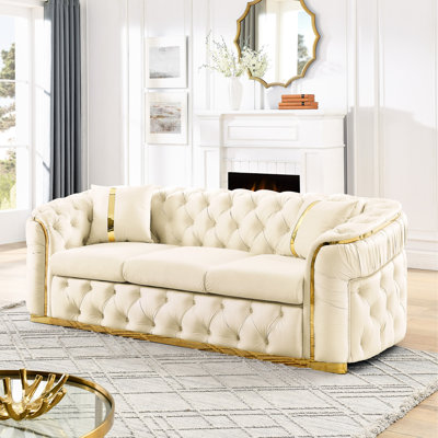 Living Room 90.6 Inches Velvet Couch, 3 Seater With 2 Pillows, Beige, Gold Stainless Steel Accents, Luxury Style 3 Couch Beige For Room, Modern