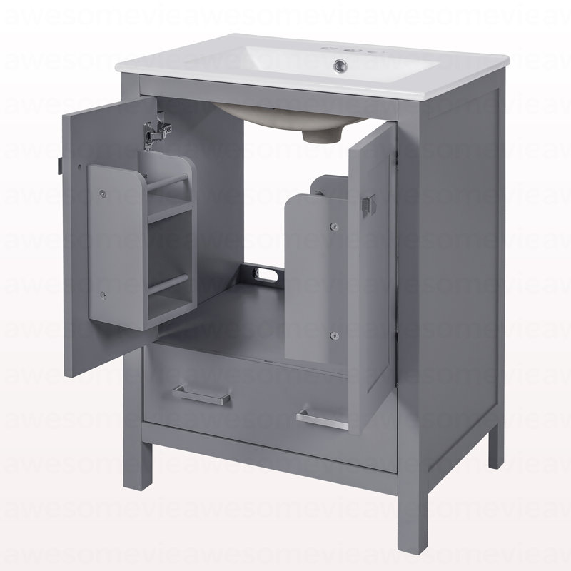 Meuble-lavabo de 24 pouces avec lavabo encastré intégré et armoire de rangement avec 2 portes et 1 tiroir. Comprend une tablette de porte à double couche, une conception à fermeture douce et des solutions de rangement polyvalentes