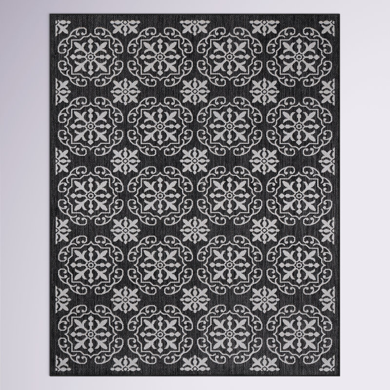 Andelija Geometric Black/Gray Indoor & Outdoor Area Rug, Rectangle 7'10" x 10'