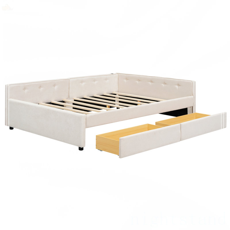Lit plateforme double tapissier avec USB et 2 tiroirs, Double