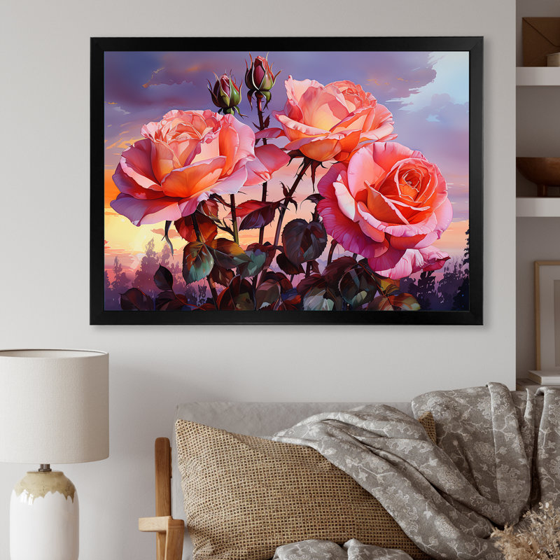Coral Roses Sunset I, Cadre simple noir, H 34 po x l 44 po x P 1,5 po