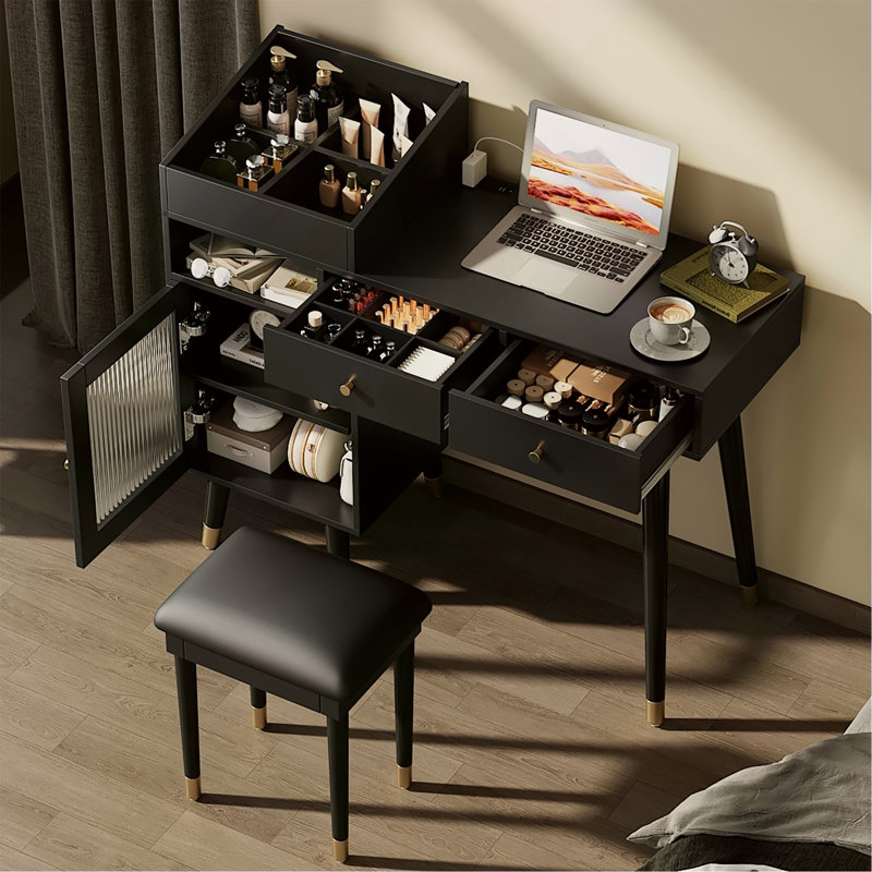 Ensemble de coiffeuse moderne avec tiroirs, armoire et port de charge, ensemble de coiffeuse avec tabouret pour petits espaces, noir