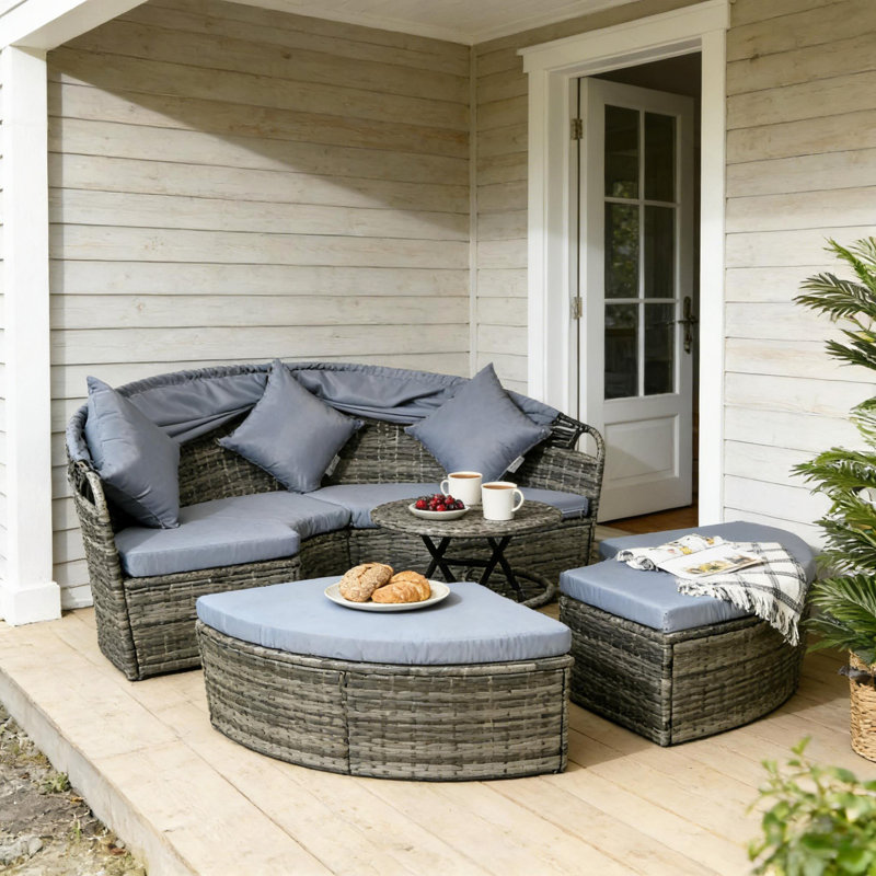 Conversation Set,Patio Sectional Furniture Set,4 Piece Round Rattan Daybed, Light Gray