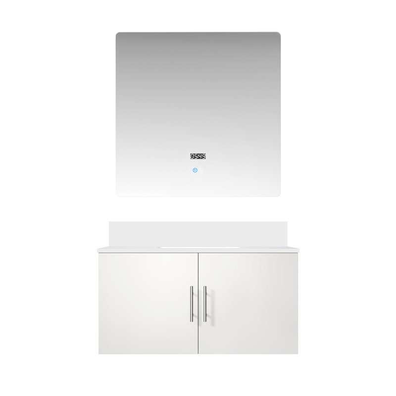 36 po X 22 Meuble-lavabo blanc brillant avec comptoir en quartz et miroir, Blanc lustré