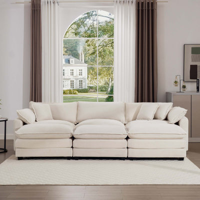 Très grand canapé modulaire rembourré avec 3 repose-pieds, ensemble de canapé modulaire pouvant servir de canapé-lit, ensemble de canapé 6 pièces avec un canapé 3 places et trois repose-pieds, velours côtelé beige clair