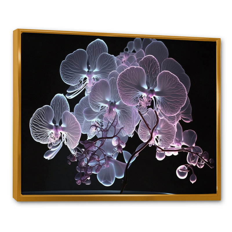 «Blossoming White Orchid in Luminescent Mauve IV», reproduction sur toile, L 20 po x H 12 po, Cadre flottant doré