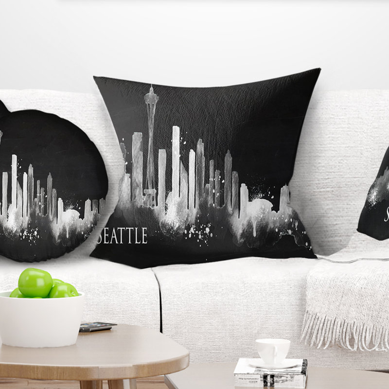 Coussin de silhouette cityscape, peinture seattle, Noir