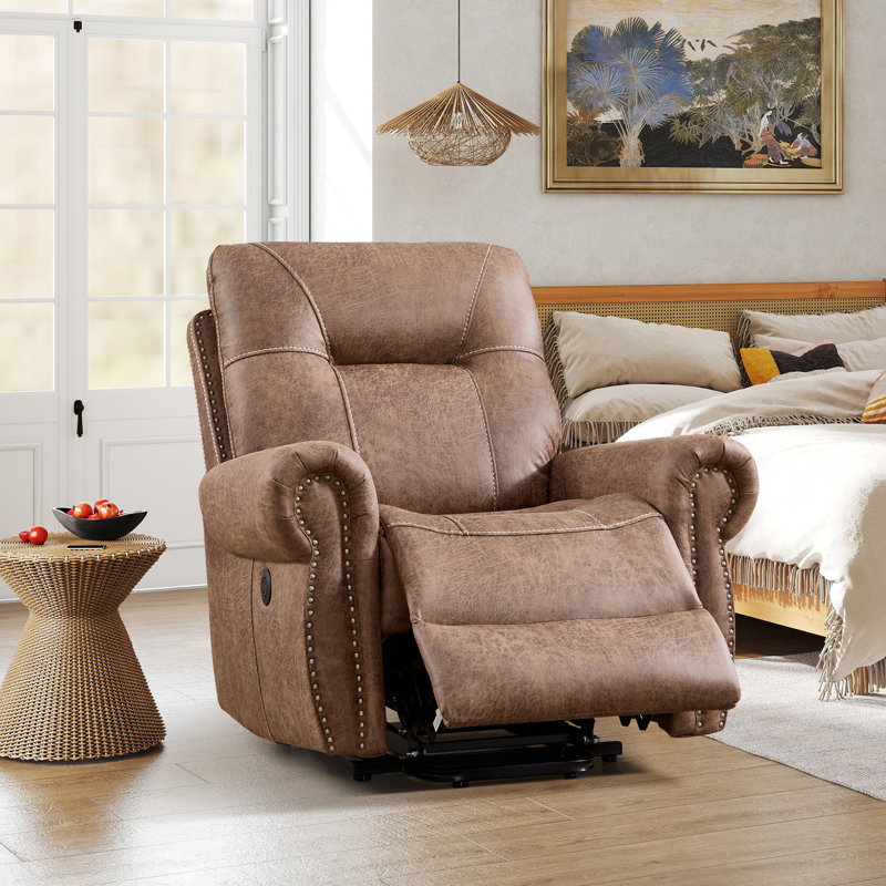 Ensemble de salon inclinable 3 pièces avec deux fauteuils releveurs électriques et causeuse manuelle, Brun rétro
