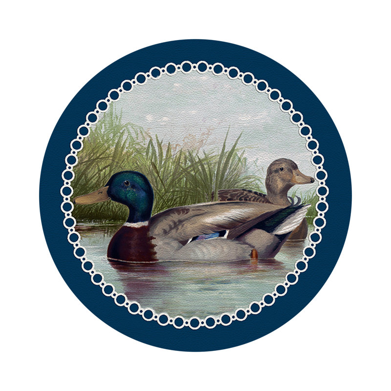 English Duck Pond Green Vegan Leather Round Coasters, Blue