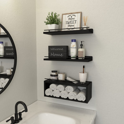 Floating Shelves For Wall With Cube Shelf, Wall Shelves With Metal Rail For Decor, Bathroom Organizers And Storage, Over Toilet Shelves For Bathroom, Black