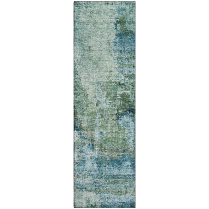Premium Machine Washable Mayfield AMF2300 Abstract Rug, 2'3" x 7'6" Runner, Teal