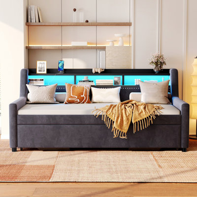 Daybed With Trundle, Corner Bed With LED Light And Charging Station