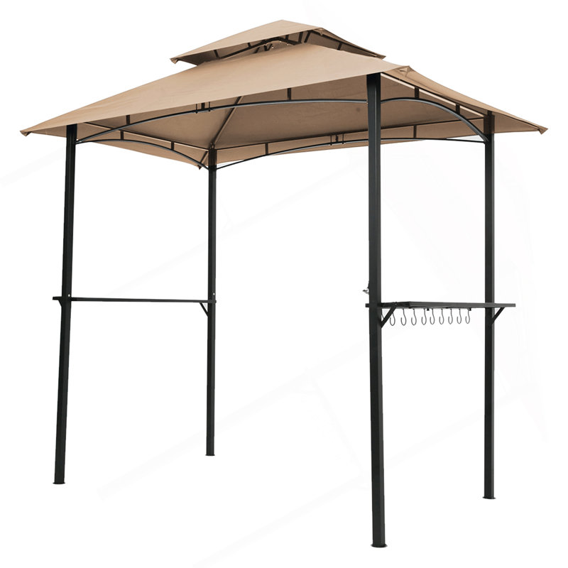 Outdoor Grill Gazebo 8 X 5 Ft, Shelter Tent, Double Tier Soft Top Canopy And Steel Frame With Hook And Bar Counters, Khaki