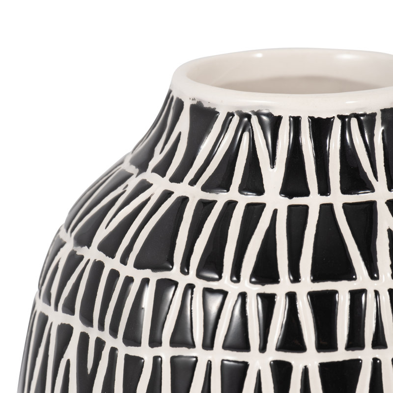 Modern Ceramic and Stoneware Vase with Embossed Geometric Pattern for Sleek Decorative Accent Display, Black