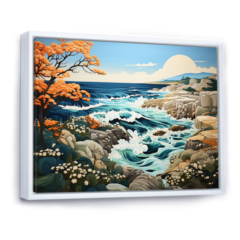 Paysage de plage sauvage III sur toile, Cadre flottant blanc, H 34 po x l 44 po x P 1,5 po