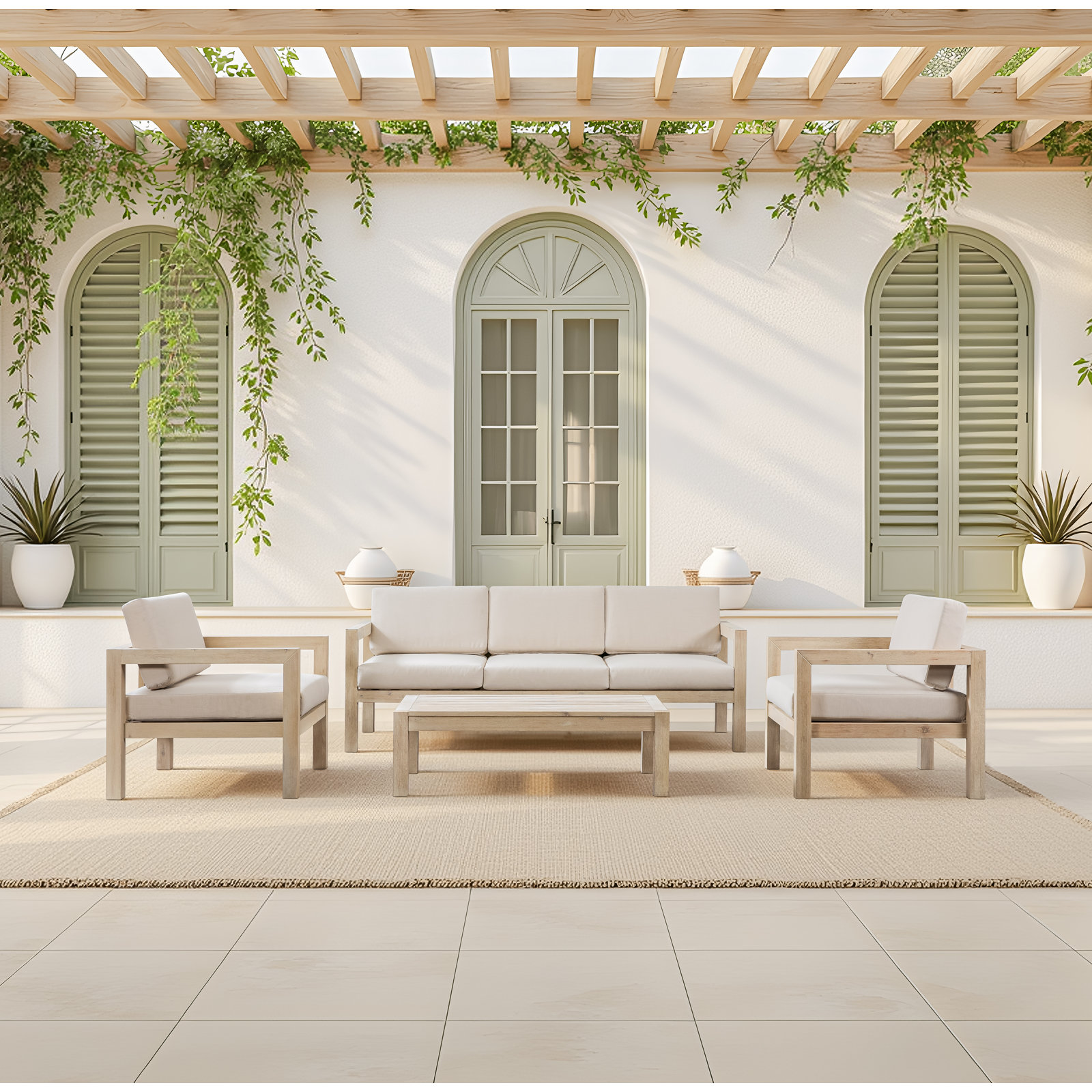 Rosa 5-Person Eucalyptus Patio Seating Group, 4 Pcs: Table, Sofa, 2 Chairs