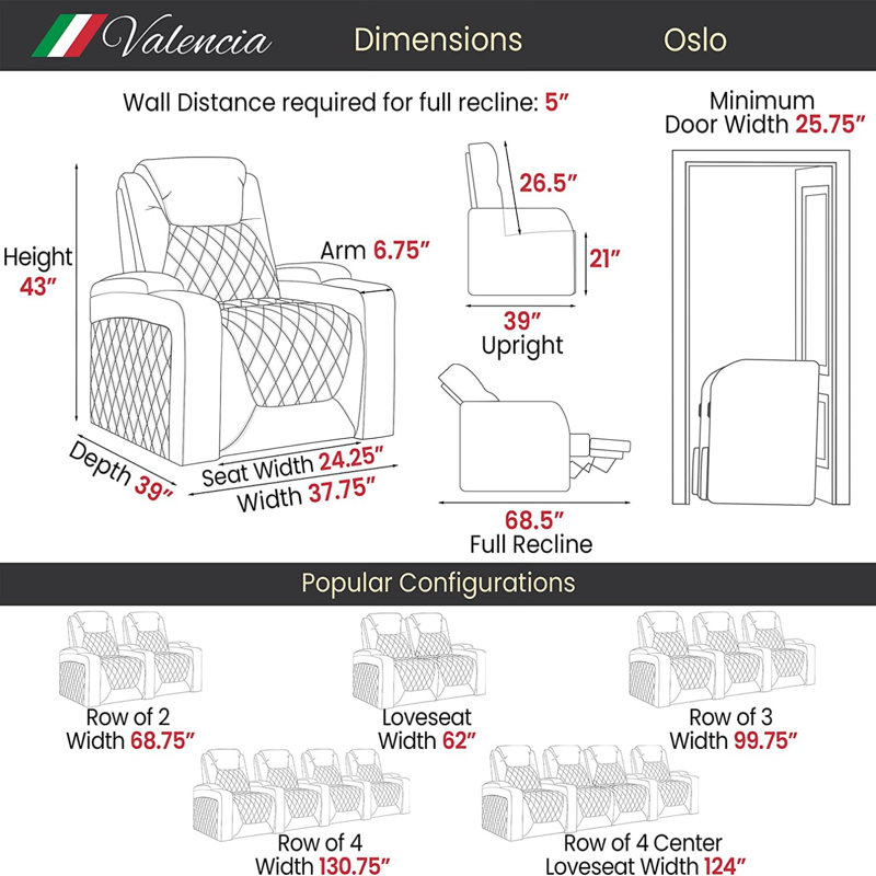 Sièges de cinéma Valencia Valencia Oslo | Cuir de première qualité italien Nappa 11000 de qualité supérieure, fauteuil inclinable électrique, appui-tête électrique, éclairage à DEL (rangée de 4 causeuses, noir)