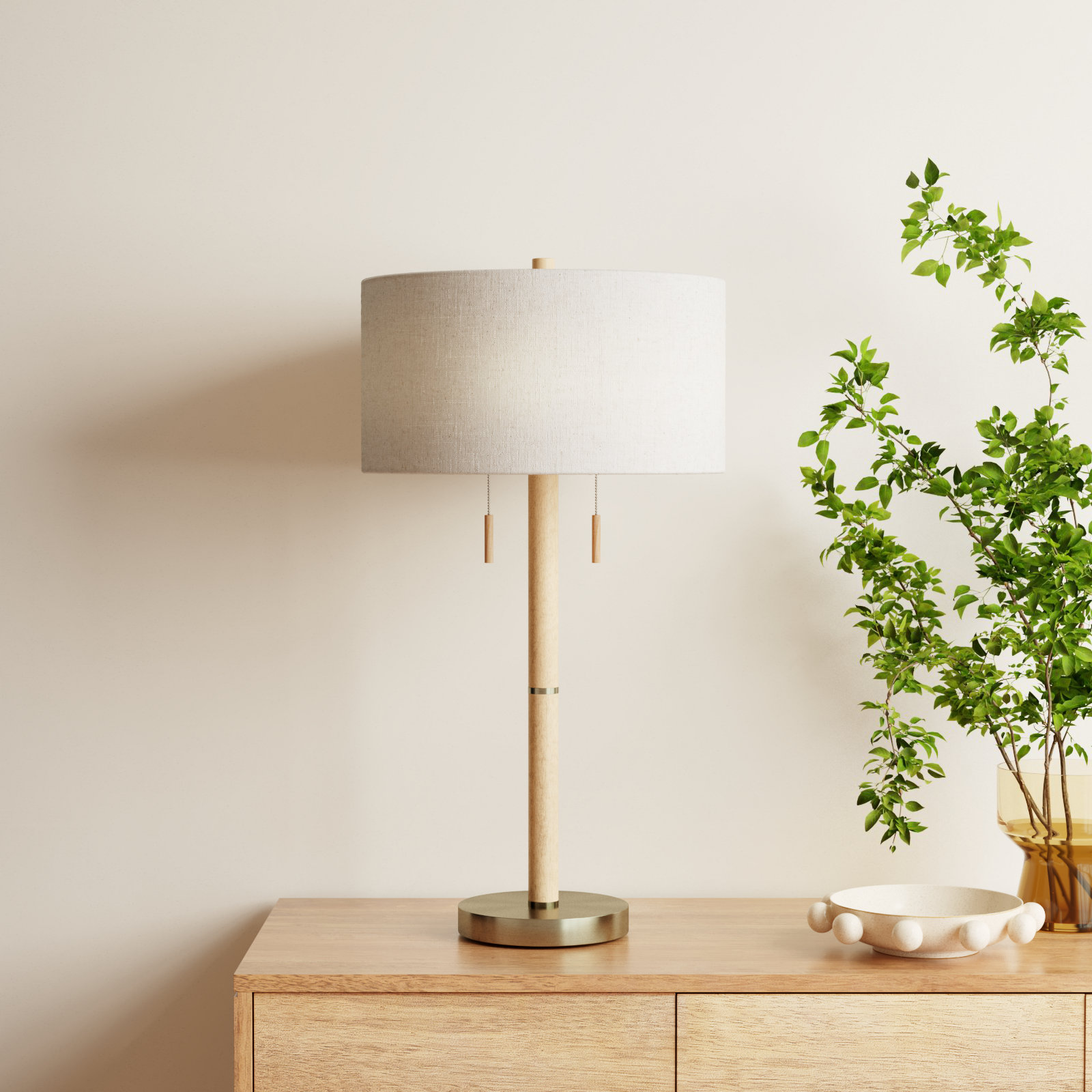 Geno Bedside Lamp, Ivory Linen Blend, Antique Brass