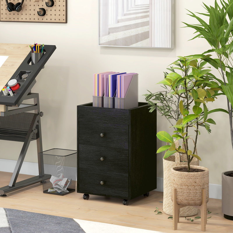 Armoire de bureau sur roulettes avec 3 tiroirs et plateau amovible, Noir