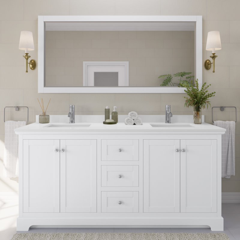 Meuble-lavabo double avec plateau Avery, Blanc, WDX13663, Chrome poli